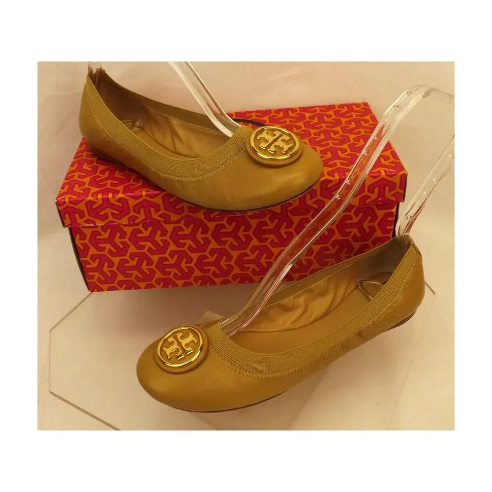 NIB TORY BURCH CAROLINE 2 DARK SAND LEATHER GOLD REVA NELLIE BALLET FLATS 7.5